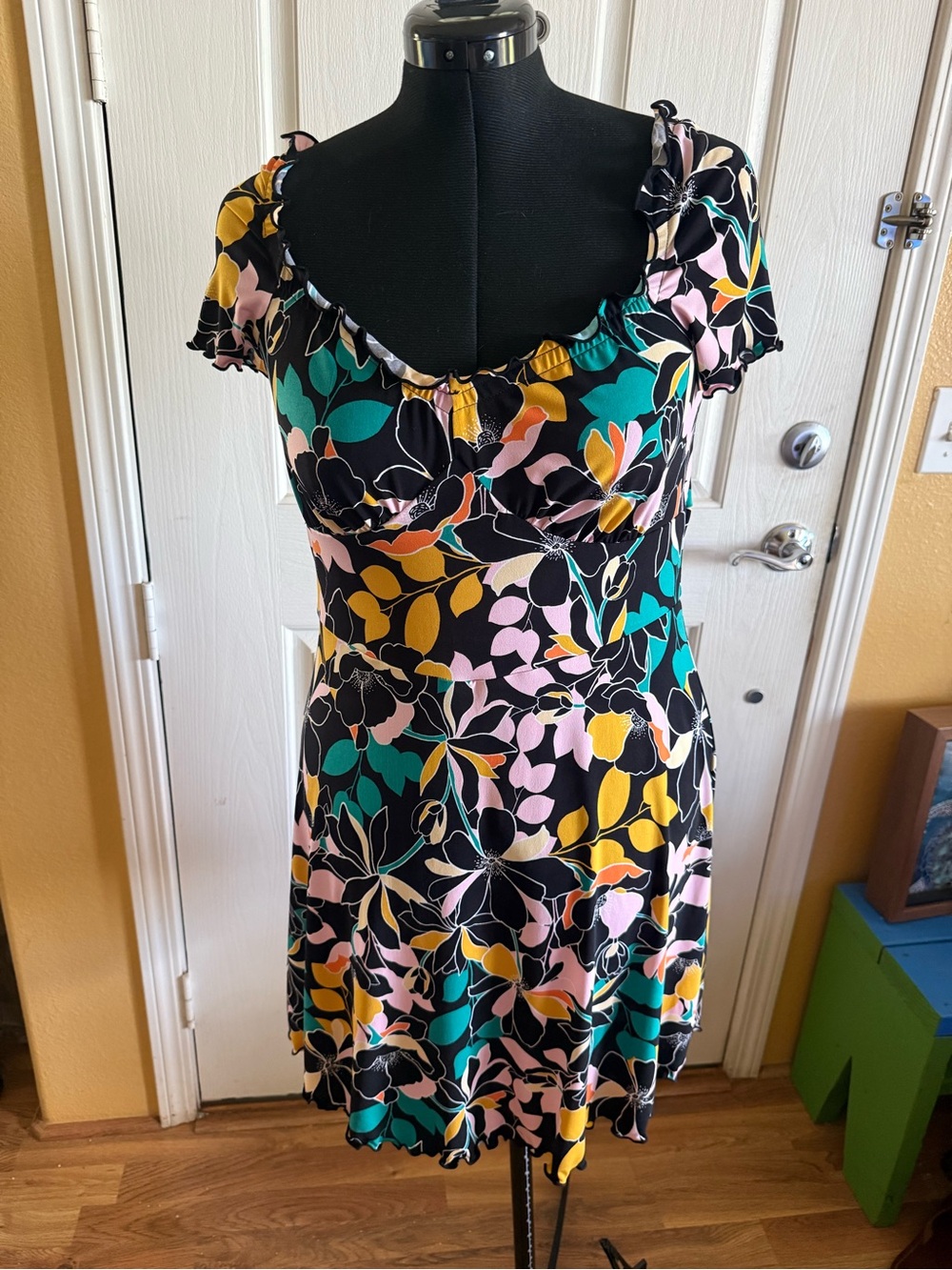 Bar III Black Floral Fit-and-Flare Mini Dress with Teal, Mustard & Pink